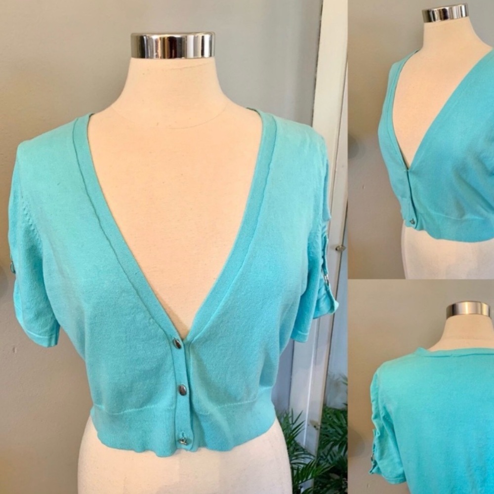 🩷. Cropped V-Neck Short Sleeve Cardigan - Aqua